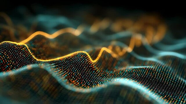 Abstract particle surface gently moving and glowing with futuristic light representing innovation, technology, and digitalization in a mesmerizing and captivating way