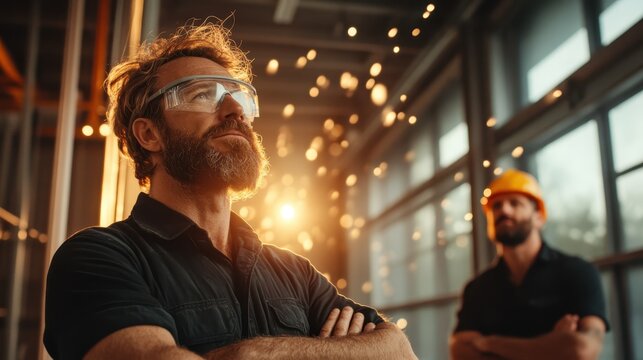 A thoughtful worker in safety glasses reflects on his construction project, symbolizing diligence, safety, and professionalism in the skilled trades industry with great light.