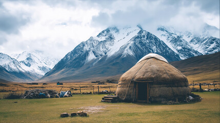 nomadic yurt on field in highlands on the background of mountains in Asia in Kazakhstan