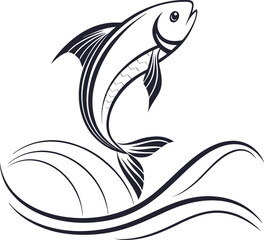 Here's a single sentence for naming an image:

A tribal fish vector illustration for tattoo design, featuring a jumping black silhouette of a wild animal, perfect for a fishing logo or nature icon