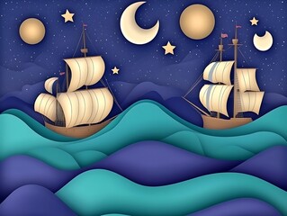 Two sailing ships traverse ocean waves beneath a starry night