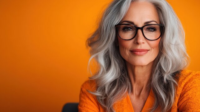 A graceful older woman with striking grey hair wearing stylish glasses, exuding confidence against a warm orange backdrop, highlighting beauty and experience in aging.