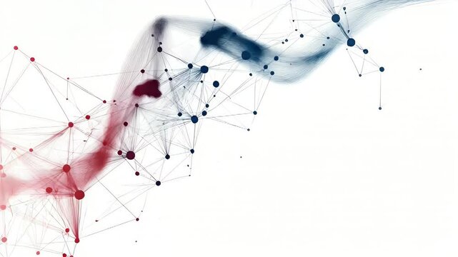 Red and blue networks connect with blurred lines on white for a digital feel