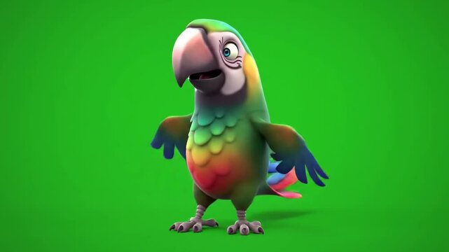 A 3D cartoon parrot doing a tropical dance on a solid green screen background, vibrant feathers, rhythmic animation