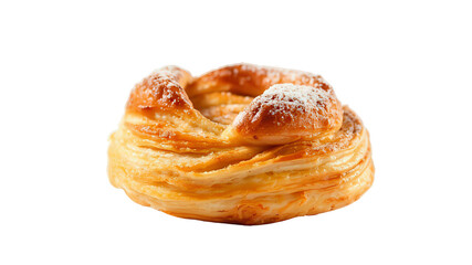 Apple Turnover on a white Background. The image shows an apple turnover pastry isolated against a dark grey or black background. The turnover is golden-brown with flaky layers 