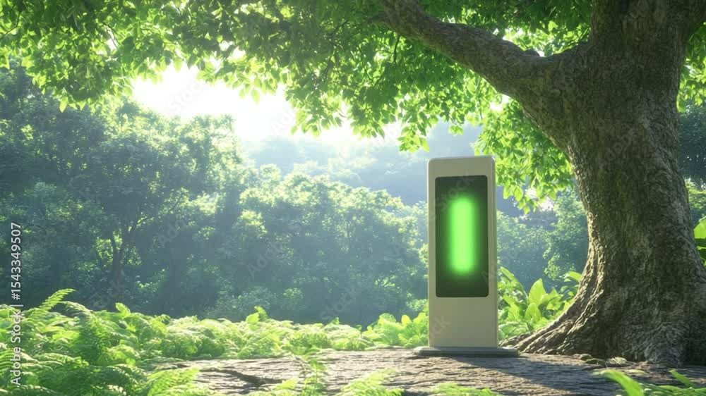 Aufkleber digital oasis: an advanced digital screen glows amidst the lush greenery of a serene forest, highlig