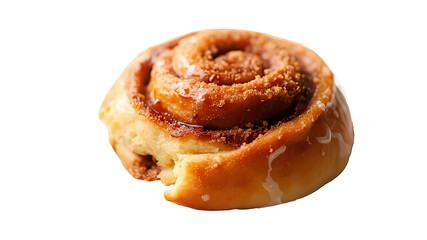 Close-up of a Cinnamon Roll on a white Background. The image is a close-up of a single cinnamon roll isolated against a dark grey or black background. 