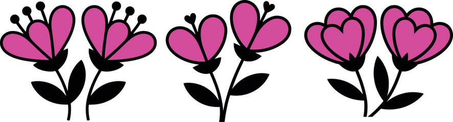 Fototapeta premium Cute Heart Flower Vector – Pink Floral Love Cartoon Design Set