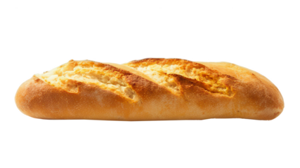 French Baguette on a white Background. The image features a freshly baked golden-brown French baguette against a dark, almost black background. The baguette has the characteristic long shape 
