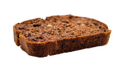 Slice of Pumpernickel Bread on white Background. The image shows a single slice of dark brown pumpernickel bread against a dark background. The bread has a dense