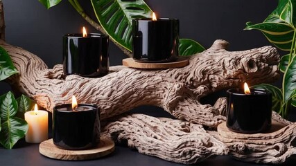 Black candle driftwood flame wood coaster green leaf natural decor peaceful warm cozy relaxing candles driftwood black flame - Powered by Adobe