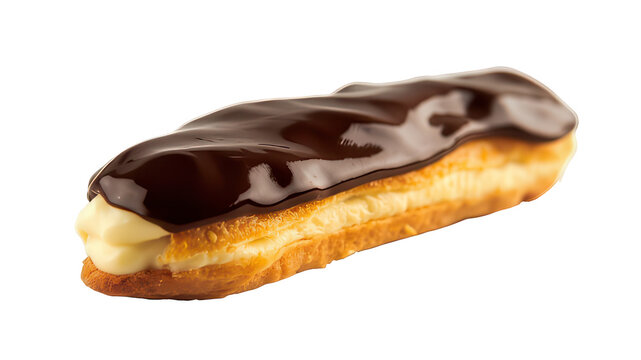 Chocolate Eclair on white Background. This image features a chocolate eclair on a black background. The eclair is golden brown and filled with vanilla cream. It&rsquo;s topped with a glossy, dark chocolate 
