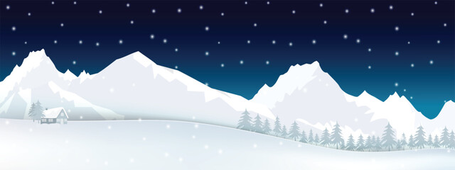Winter season with cottage, mountain range and blue background. Nature Landscape illustration