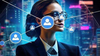 Businesswoman with digital social network interface, futuristic technology in cityscape background. - Powered by Adobe