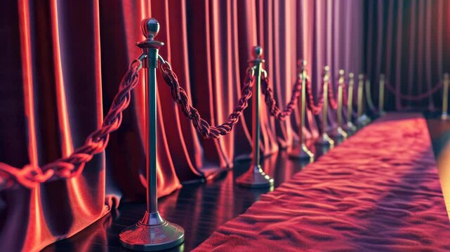 A scene of glamour and celebrity at a formal event. A red carpet leads up to the stage, with rope barriers marking the boundary for VIPs.