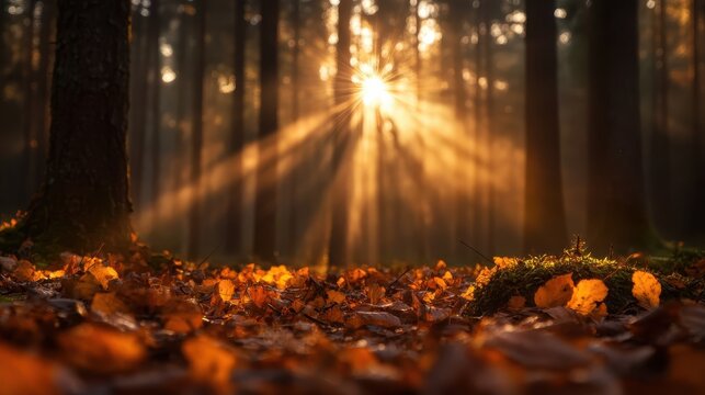 Golden sunlight pierces through the trees in a tranquil forest during autumn, creating a magical atmosphere that captures the essence of nature's tranquility and beauty. - Powered by Adobe