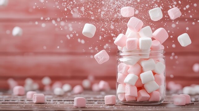 Vibrant pink and white marshmallows cascading artistically into a glass jar, combining elements of fun and sweetness, appealing to the viewer's sense of joy and nostalgia. - Powered by Adobe