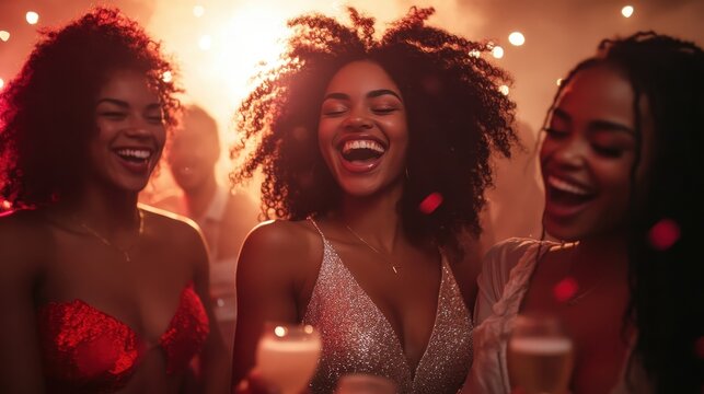 A group of happy friends with natural hair celebrate joyfully together at a festive event, radiating happiness and excitement in a lively atmosphere filled with lights and laughter.