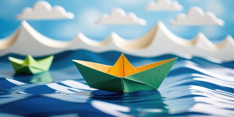 Origami paper boats sailing on a wavy ocean with cloudy sky background