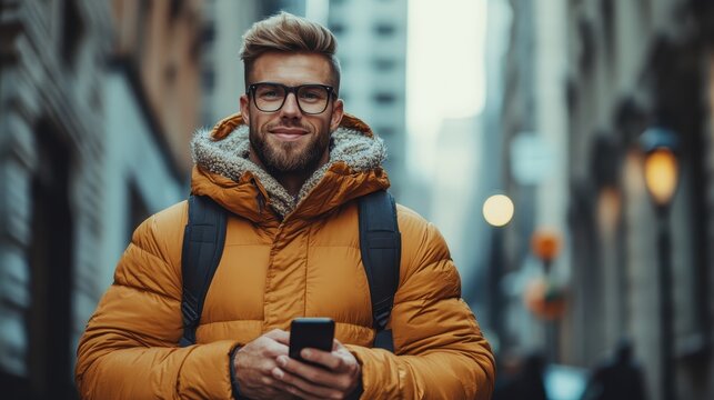 A modern gentleman casually dressed in a coat stands in an urban environment, absorbed in his smartphone, representing contemporary life and the intersection of technology and style. - Powered by Adobe