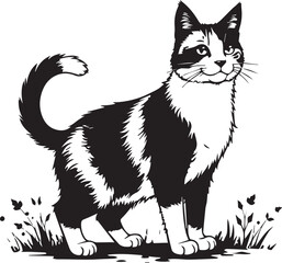 Elegant Tuxedo Cat in a Field: A distinguished black and white tuxedo cat stands proudly amidst a bed of grass, capturing a moment of feline grace and charm.