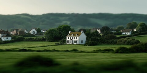 Fototapeta premium Charming rural house surrounded by lush green landscape in tranquil countryside setting