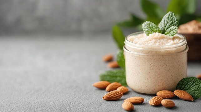 A soothing image of almond scrub placed in a jar surrounded by fresh almonds and mint, representing self-care, natural beauty, and indulgence for skincare routines.