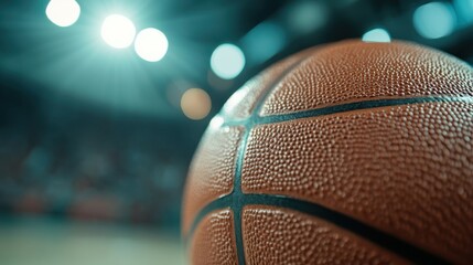 A close-up shot of a textured basketball placed in a vibrant arena, highlighting the dynamic energy and excitement associated with competitive sports and teamwork.