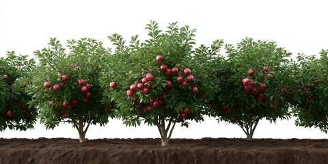 Obraz premium Row of lush apple trees laden with ripe red fruit in orchard