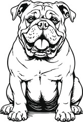 Happy Bulldog Illustration: A cheerful bulldog, depicted in a charming black and white illustration, sits patiently, tongue slightly out, conveying a sense of playful contentment.