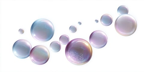 Translucent iridescent soap bubbles floating on white background