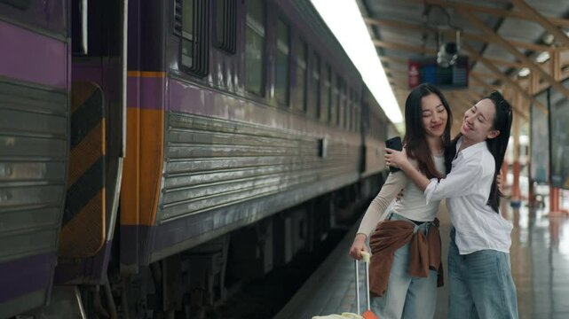 Exciting train journey begins travelers wave goodbye at railway station capturing moments of adventure and farewell