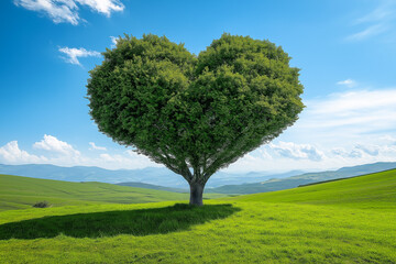 Green heart tree on meadow representing love for Earth, sustainability, and eco friendly lifestyle