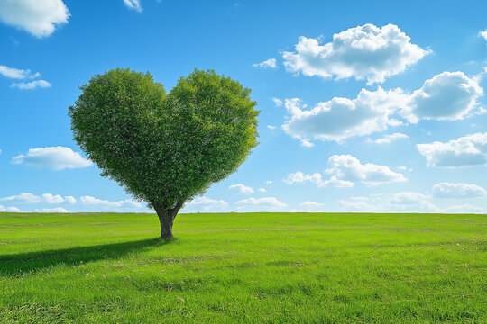 Heart shaped tree on nature field symbolizing climate care, eco awareness, and Earth day campaigns - Powered by Adobe