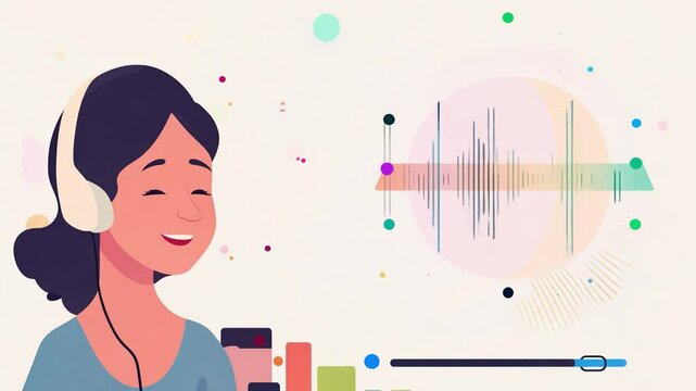 Woman enjoying music with headphones and audio waveform visualization
