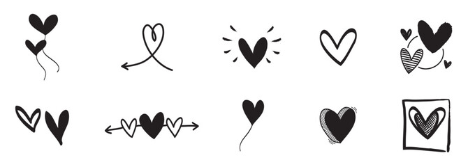 Doodle and sketch, black d heart shape icon set. Romantic heart symbol. Hand drawn wedding and valentine day hearts set. Love shape elements, vector illustration.