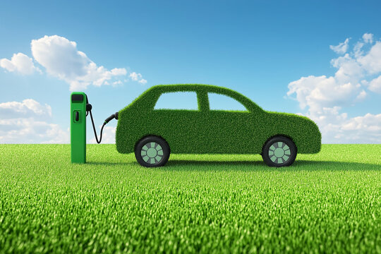Grass electric car charging on meadow showing green transport, renewable energy, and zero emissions