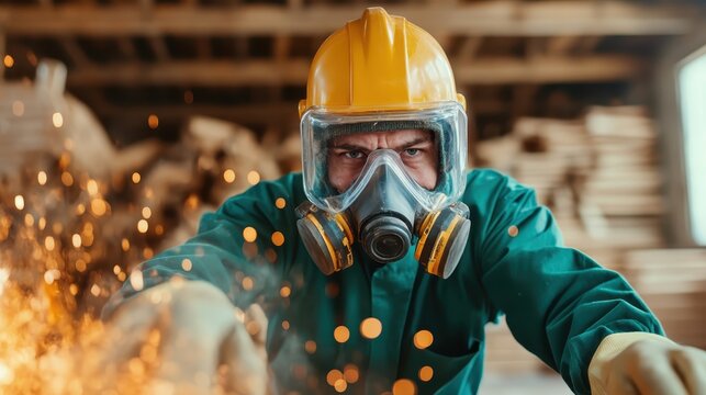 A determined worker in a workshop environment, wearing a safety helmet and mask as sparks fly during an intense task, showcasing dedication and focus in his trade.
