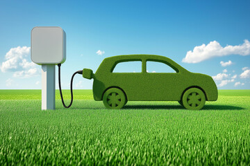 Green grass car charging at electric station on meadow symbolizing zero carbon emissions and clean energy