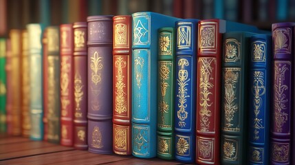 Row of colorful antique books lined up on a pastel pink surface. Ornate leather-bound volumes with decorative patterns and gold accents.