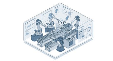 Automated robotics in a high tech manufacturing facility for modern industrial efficiency isometric style vector illustration