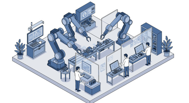 Automated robotics laboratory with engineers and robotic arms in high-tech industrial setting isometric style vector illustration