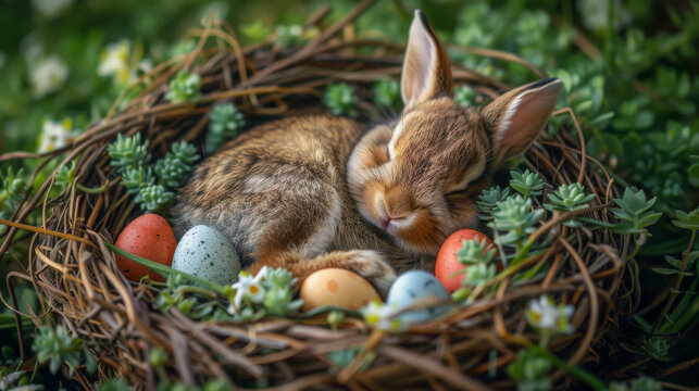 Adorable baby rabbit sleeping in a nest surrounded by colorful speckled Easter eggs and lush green plants. Sleeping Bunny in Nest with Easter Eggs and Greenery