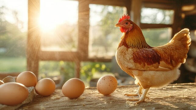 A close-up of a charming hen standing proudly next to freshly laid eggs in a serene farm setting, capturing the essence of farm life and natural simplicity.
