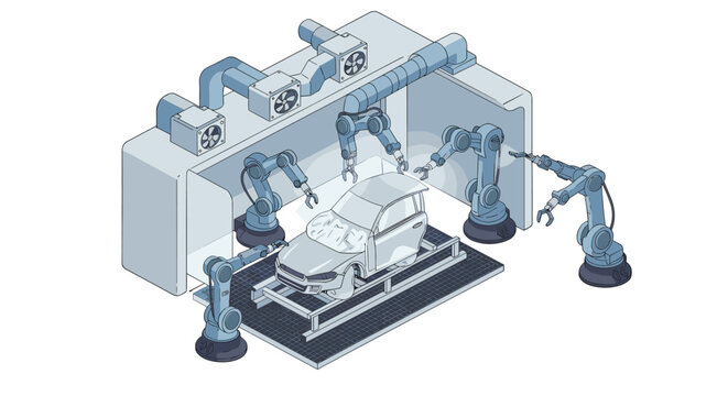 Advanced robotic technology in automotive manufacturing process isometric style vector illustration