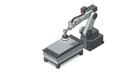 Industrial robotic arm polishing metal surface in manufacturing process isometric style vector illustration