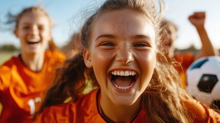 Fototapeta premium An enthusiastic girl in a soccer uniform, joyfully celebrating a goal with her teammates. This vibrant image captures the thrill and camaraderie found in team sports.