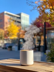 A steaming cup of a beverage sits on a wooden surface