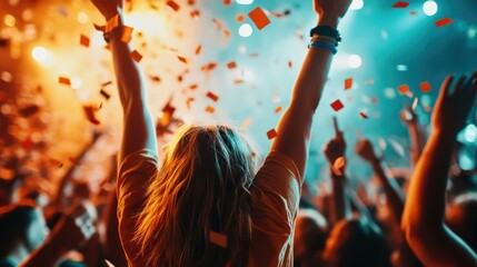 A vibrant image of a crowd in a concert setting celebrating with raised hands and colorful confetti falling all around, encapsulating the euphoric energy of a night out.