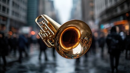 Fototapeta premium A gleaming brass trumpet floats in a bustling city street, capturing the vibrancy of urban life and music culture, blending nature and city in a unique artistic manner.